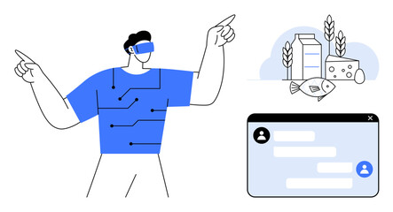 Man wearing VR headset gestures towards interactive elements showing food items thumbs up milk, cheese, and fish beside a digital chat interface. Ideal for technology, communication, virtual