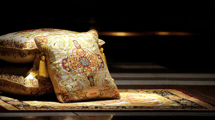 Luxurious decorative pillows and ornate rug create elegant atmosphere, showcasing intricate patterns and rich colors. soft textures invite comfort and style into any space