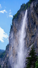 Staubbach Falls plunging from a rocky cliff in Switzerland