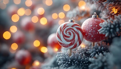 Red and white swirl lollipop and bauble on frosted pine branch Christmas holiday