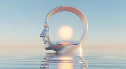 Serene Silver Head Sculpture with Inner Sunset and Water Reflection.