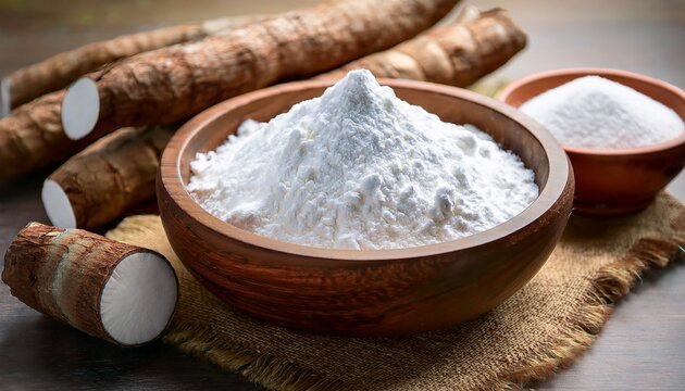 tapioca starch also known as tapioca flour is displayed in a wooden bowl along with dry cassava root this versatile tapioca starch can be used in various culinary applications