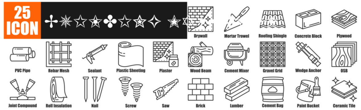 Building material icon pack collection set for Drywall, Mortar Trowel, Roofing Shingle, Concrete Block, Plywood.