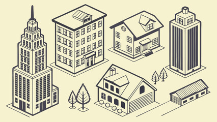 Fototapeta premium Isometric illustration of houses buildings and structures perfect for real estate architecture and urban planning projects.