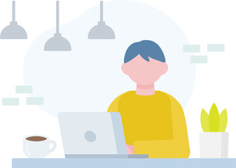 カフェでノートパソコンを操作する男性