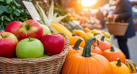 Autumn bounty of apples and pumpkins at farmers market, celebrating harvest season with colorful gourds