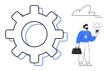 Person holding a light bulb near a large gear, representing innovation, creativity, teamwork, and productivity. Ideal for business, strategy, innovation, problem-solving teamwork leadership