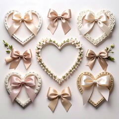 A Romantic Arrangement of Ornate Heart Frames Silky Bows and a Floral Wreath.