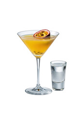 Golden Pornstar Martini in clear stemmed glass with passionfruit, prosecco sidecar, condensation on reflective surface, high-key studio light, luxury advertisement concept.