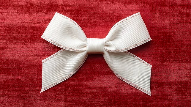 A 4K photo of elegant white bow with grosgrain ribbon on red textured background.