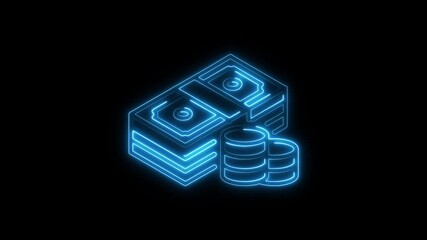 Neon money bag with dollar sign. Bright neon money bag and dollar icon. money bag icon animation on the black background. 4k video - Powered by Adobe