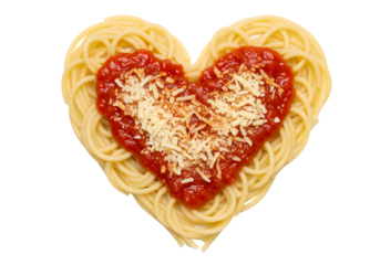 Spaghetti Heart with Tomato Sauce Spaghetti shaped like a heart topped with tomato sauce and cheese