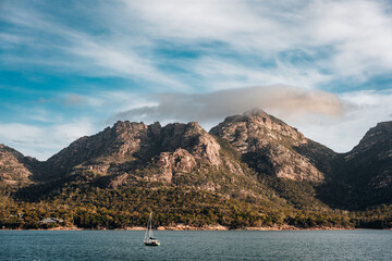 Rugged and rocky mountain top over the coastal waters.