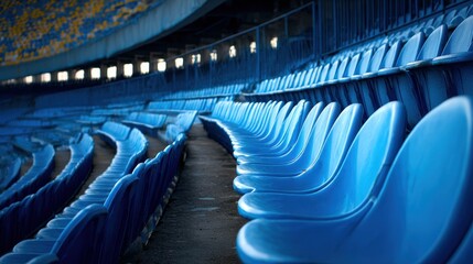 A 4K photo of empty blue stadium seats at a sports arena.
