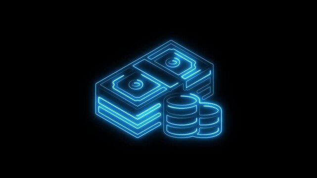 Neon money bag with dollar sign. Bright neon money bag and dollar icon. money bag icon animation on the black background. 4k video