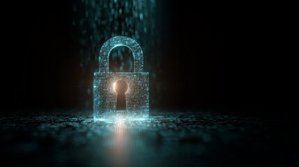 Digital padlock glowing with light particles against a dark, textured background, symbolizing data security and encryption