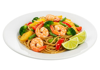 Spaghetti with Shrimp and Vegetables Pasta served with shrimp, lime, and vegetables