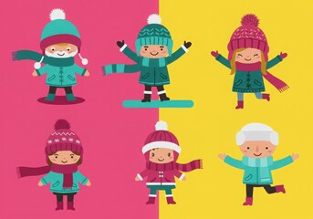Fototapeta premium Happy diverse children in winter clothing enjoying outdoor activities