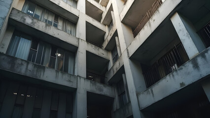 Fototapeta premium Brutalist Housing Project with Deep Window Recess Shadows