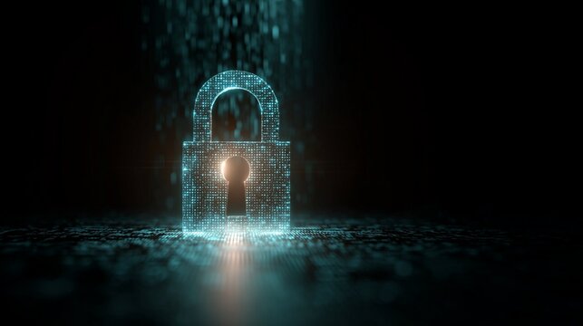 Digital padlock glowing with light particles against a dark, textured background, symbolizing data security and encryption - Powered by Adobe