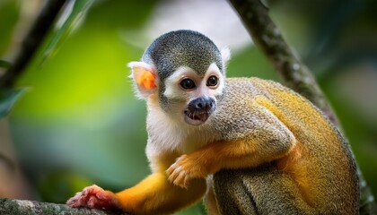 Obraz premium in costa rica a squirrel monkey is seen crouched on a tree branch