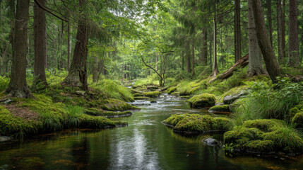 Naklejka premium Serene forest landscape featuring tranquil stream flowing through lush greenery, surrounded by tall trees and moss covered rocks. scene evokes sense of peace and natural beauty