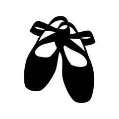 Silhouette of Ballet Pointe Shoes with Ribbons and a White Background