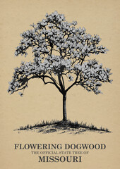 Missouri State Tree Flowering dogwood Wall art Poster, Illustration For Wall Hanging Home Decoration Vintage Wall Art, Us State Poster