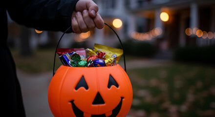 Naklejka premium Child s halloween pumpkin bucket filled with candy