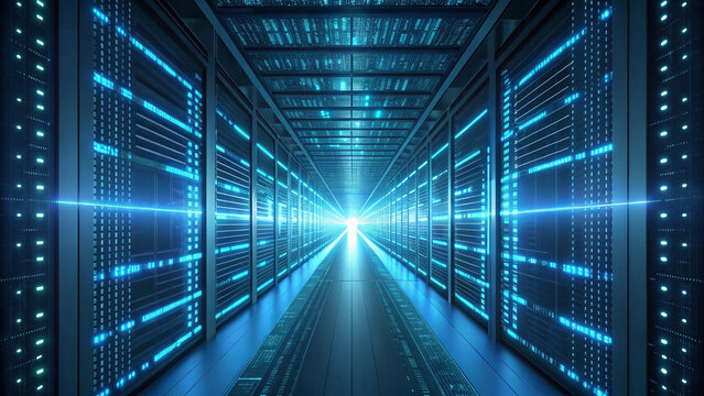 Server room with glowing blue lights and data streams, representing technology