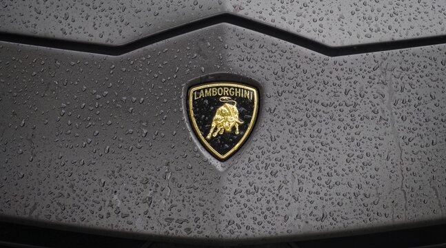 Neu-Ulm, Germany - August, 23, 2025: Lamborghini emblem on a gray sports car. Panoramic image with rain drops. 