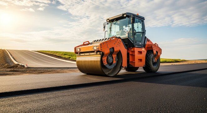 An orange roller compacts fresh asphalt on a sunlit road construction site. A paved curve ascends toward the distant horizon