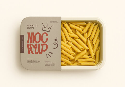 Template Penne Pasta Food Packaging Mockup &ndash; Realistic Plastic Container Design for Dry Italian Pasta Branding and Supermarket Product Display