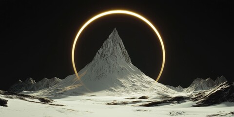 A clean white angular peak hovering inside a thin golden circle over a black void