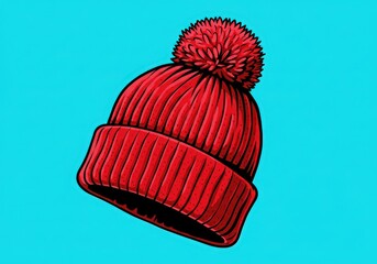Red knitted winter hat with pom pom on a bright blue background