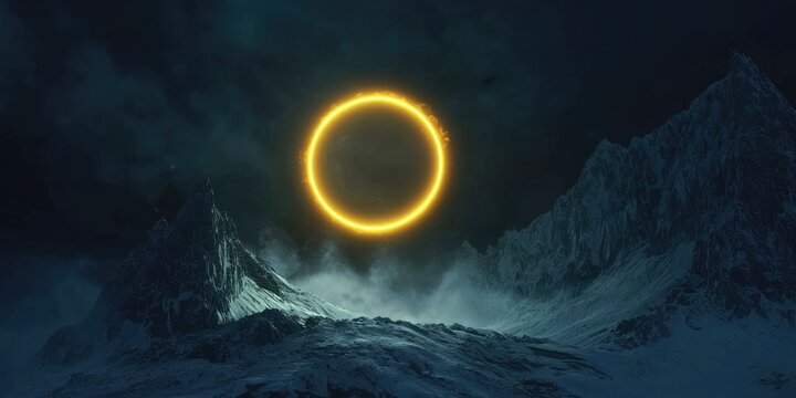 A glowing golden ring floating above a stylized white mountain silhouette in darkness - Powered by Adobe