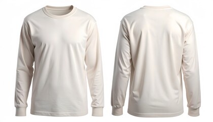 Plain long sleeve white shirt with round neckline and no visible patterns or s, front and back view, casual style for men or women