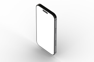 Clean isometric view of a black smartphone with a blank white screen. Perfect for app presentations or website mockups.