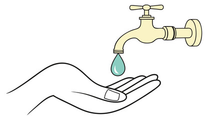 Water Drop Falling from Faucet Into Hand Sanitation Hygiene Freshness Healthy Living Minimal Design.