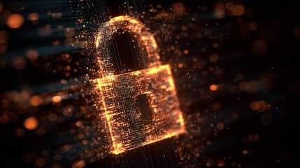 Cyber Security Lock Symbol Emerging from Digital Particles