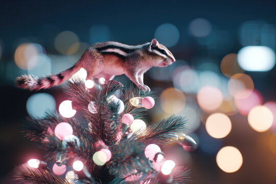 Chipmunk pine Christmas tree lights night festive surreal miniature animal glowing celebration winter holiday outdoors magical bokeh decoration fantasy nature wildlife branch cute joyful dreamy - Powered by Adobe