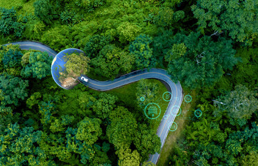 Aerial top view road in forest with car motion blur. Winding road through the forest. Car drive on the road between green forest. Ecosystem ecology healthy environment road trip.