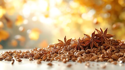 Close up photo of brown star anise spices in a warm autumn setting with blurred background