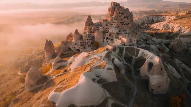 Cappadocia, Turkey Sunrise over Uchisar Castle and Fairy Chimneys