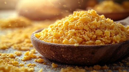 Close up photo of crumbled yellow cornbread in a rustic wooden bowl on table