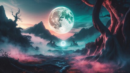 Surreal Fantasy Landscape with Giant Moon, Glowing Portal and Mystical Mountains