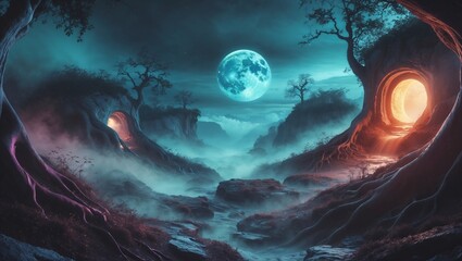 Enchanted Forest with Moonlit Portals of Light and Misty Mountains