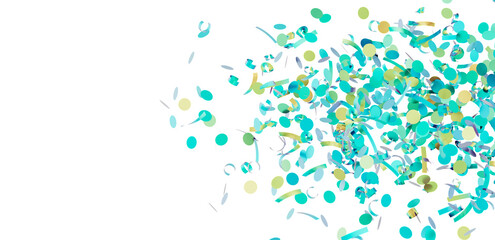 Festive confetti background with teal and gold circles and ribbons. Perfect for party invitations or celebrations.