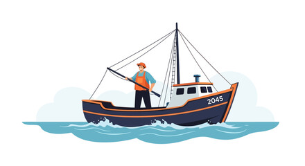 Fisherman operating a boat at sea, illustration of a man fishing from a vessel