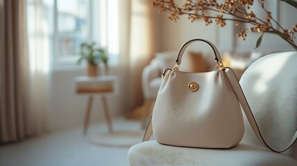 Minimalist handbag with a crossbody strap hanging on a white chair in a modern interior creating a stylish and functional accessory for everyday use